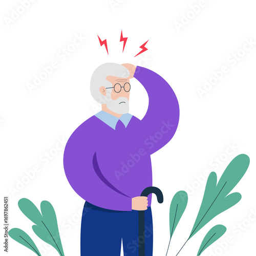 Aged man suffering from headache, holding head with hands.