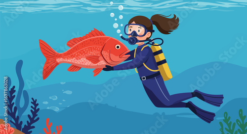 Scuba Diver Swimming with a Red Fish