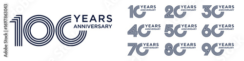 collection anniversary 10 to 100 year logo designs. abstract number for celebration event, wedding, greeting card, and invitation, vector illustration