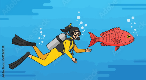 Scuba Diver Swimming with a Red Fish