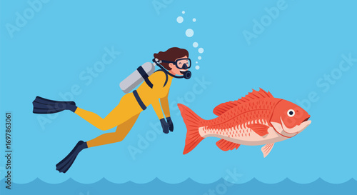 Scuba Diver Swimming with a Red Fish