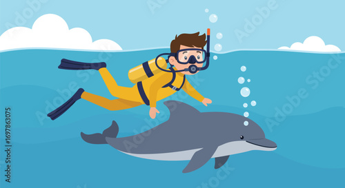 Scuba Diver Riding a Dolphin Underwater