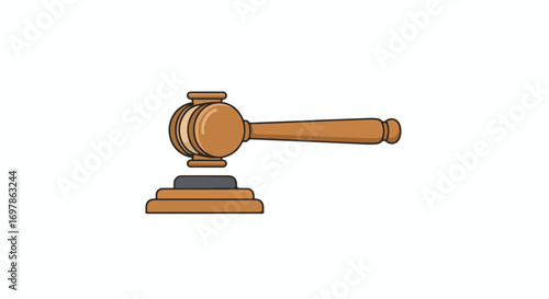 Illustration of a wooden gavel resting on a matching sounding block, symbolizing justice and legal proceedings, presented on a plain white background