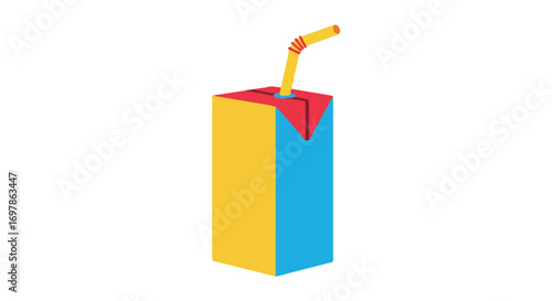 Vibrant minimalist illustration of a juice box with a straw in a playful color scheme against a clean white backdrop conveying refreshment