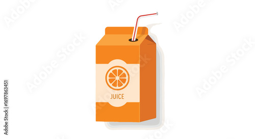 Stylized orange juice carton with straw, promoting freshness and simple design qualities emphasizing healthy beverage choices and product presentation