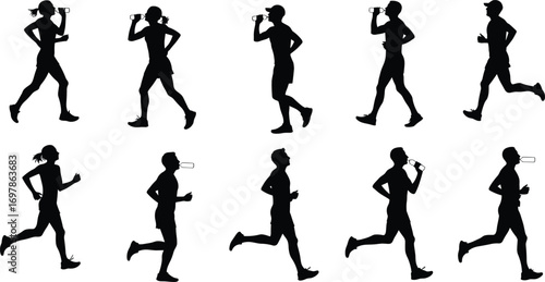 Silhouettes of runners jogging and drinking water, male and female athletes hydrating during workout, fitness and wellness vector illustration