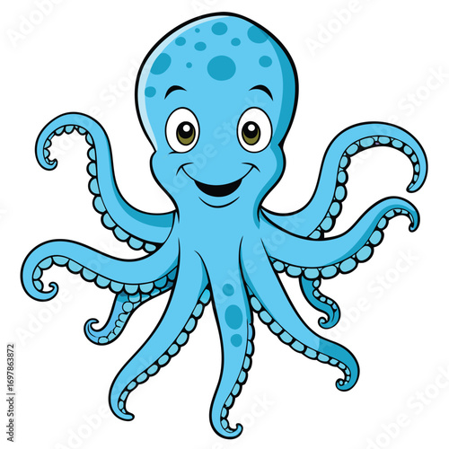 Cute Blue Octopus Cartoon Character with Smiling Face on White Background