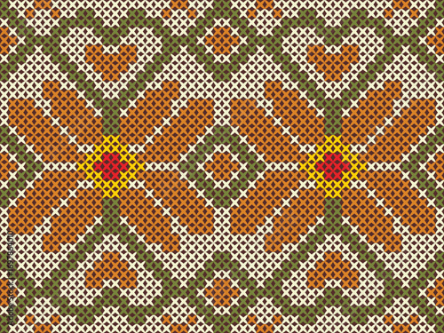 seamless knitted pattern feature intricate geometric and floral motifs in vivid colors, showcasing symmetry, tradition, and artistic craftsmanship in textile design.
