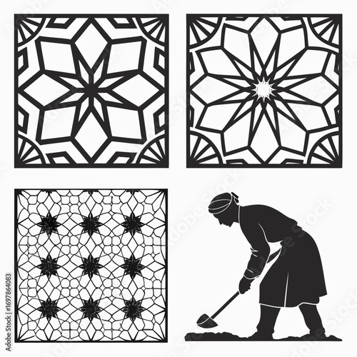 Collection of islamicinspired designs featuring geometric patterns, including intricate star motifs and a silhouette of a farmer tending the land with a hoe