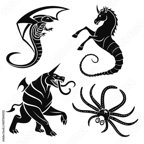 Mythical creatures set a collection of four unique mythical creatures, each with its own distinct features and characteristics, in black silhouette