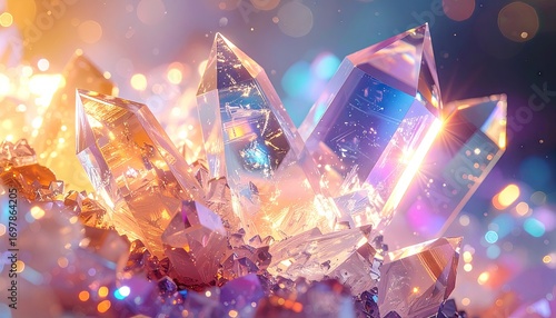 Sparkling crystal clusters, showcasing intricate facets and vibrant hues, capture a mystical and ethereal ambiance.