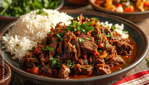 A rich, flavorful stew of shredded meat, served alongside a bed of fluffy white rice, highlights the warm, comforting flavors of a home-style meal.