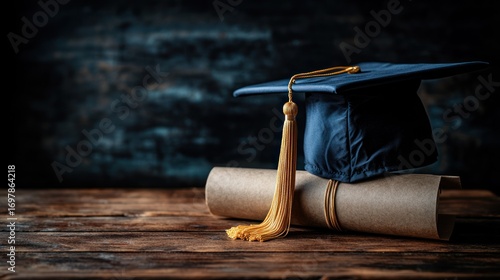 Graduation cap and diploma on wooden table
