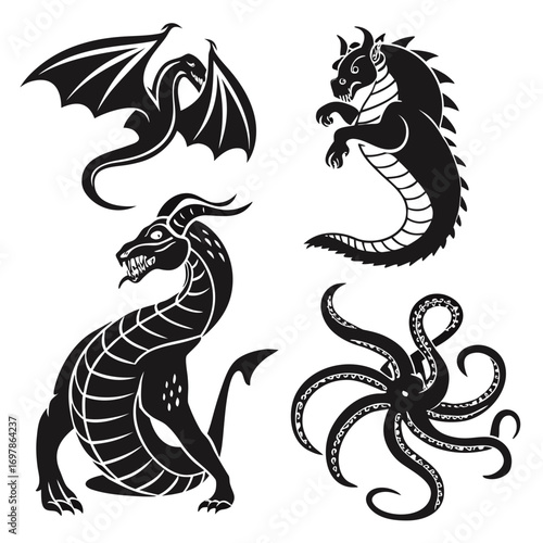 Collection of four mythical creatures dragons and octopuses in black silhouette, a set of unique mythical creatures, each with its own distinct features