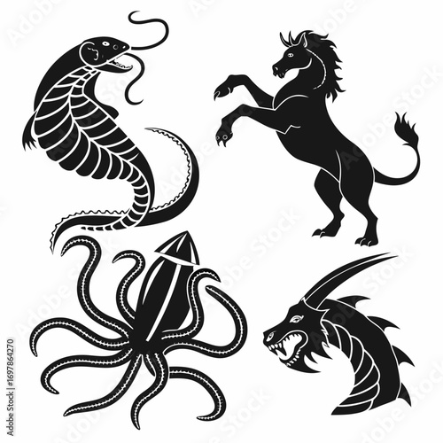 Mythical creatures set a collection of four unique mythical creatures, each with its own distinct features and characteristics, in black silhouette