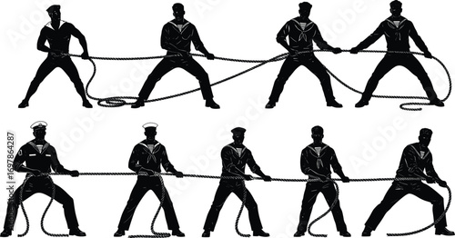 Silhouettes of Sailors Playing Tug of War – Team Strength, Naval Competition, Rope Pulling, Outdoor Sport Vector Clipart Illustration