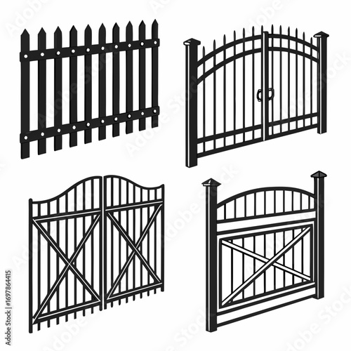 Collection of fence and gate silhouettes set of different fence designs, including picket fence, wrought iron fence, and wooden fence with gate