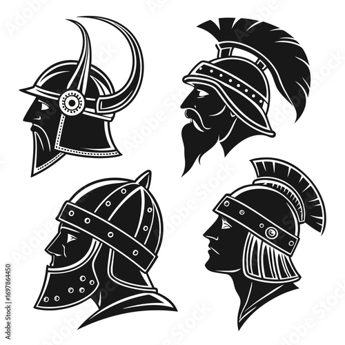 Collection of ancient warrior helmets a set of four distinct helmet designs, each representing different eras and cultures, showcasing intricate details and historical significance