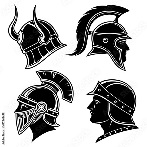 A collection of four distinct ancient warrior helmets, each design representing different eras and cultures, showcasing intricate details and historical significance