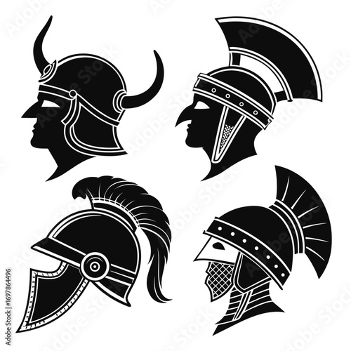 Set of four striking black and white vector illustrations showcasing diverse ancient warrior helmets ideal for historical, gaming, or design endeavors