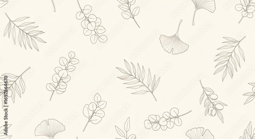Naklejka premium Elegant botanical seamless pattern with delicate line art leaves including ginkgo, eucalyptus, and palm on a soft light background.