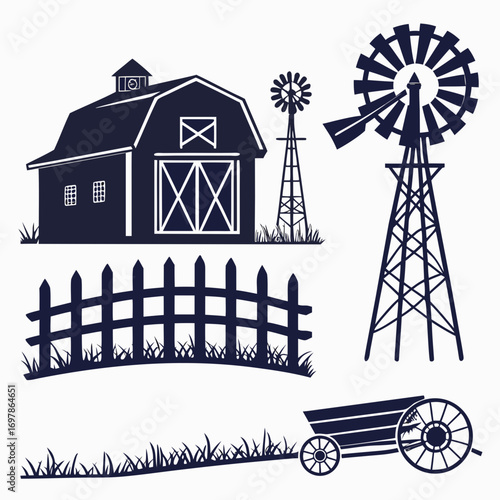 Rural landscape with barn, windmill, fence, and wagon countryside scenery with farm buildings, agriculture machinery, and rustic elements in vector style