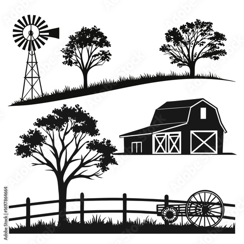 Rustic farm scene illustration featuring a barn, windmill, trees, fence, and wagon, evoking a sense of rural charm and agricultural heritage