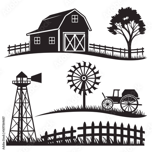 Charming farm scene illustration featuring a barn, windmill, trees, fence, and wagon, capturing the essence of rural life and agricultural heritage