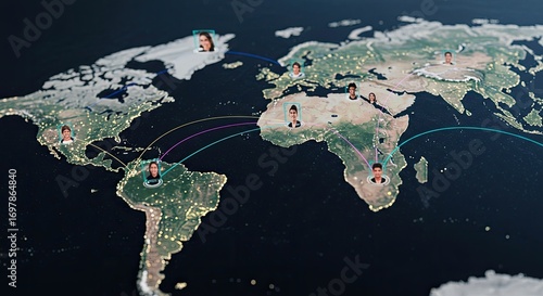 Global network of people, highlighted on a world map