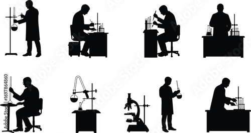 Silhouettes of scientists conducting experiments and research in laboratory with microscopes, test tubes, beakers, chemical analysis, and scientific equipment