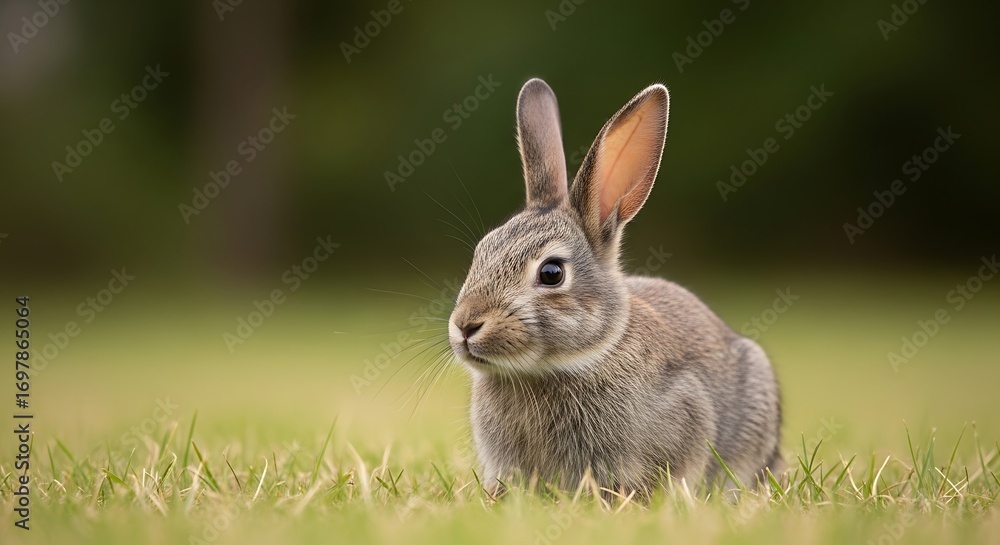 Fototapeta premium Alert rabbit sitting upright amidst blades of grass in verdant meadow