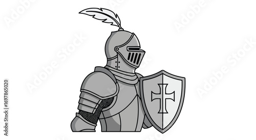 Medieval armored knight with shield, showcasing classic elements of chivalry and medieval warfare, historical armor representation for design or