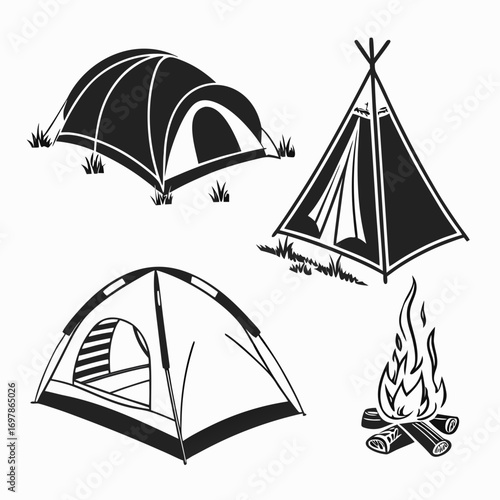Camping tents and campfire a collection of camping tents and a campfire in a minimalist style perfect for camping, outdoor activities, and adventure