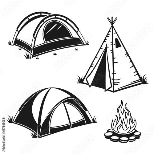Camping elements three tents and a campfire, perfect for outdoor adventure and creating a cozy atmosphere in nature, ideal for travel and recreation