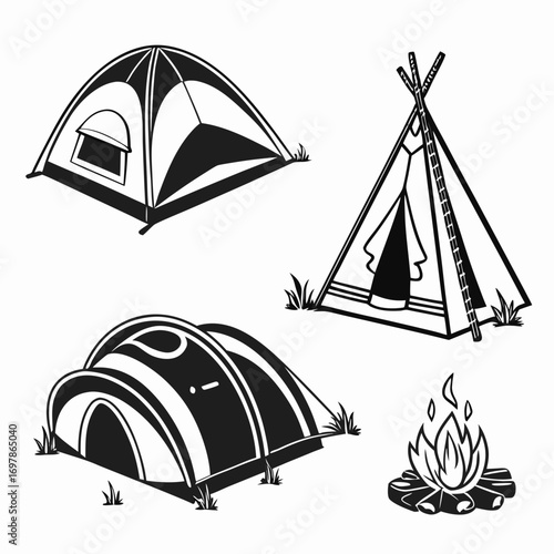 Camping tents and campfire a collection of camping tents and a campfire in a minimalist style perfect for camping, outdoor activities, and adventure