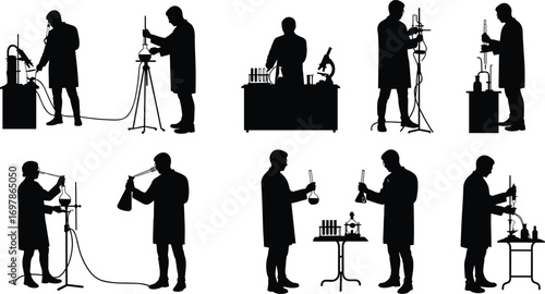 Silhouettes of scientists working in laboratory, conducting chemical experiments, analyzing samples with test tubes, beakers, and scientific instruments