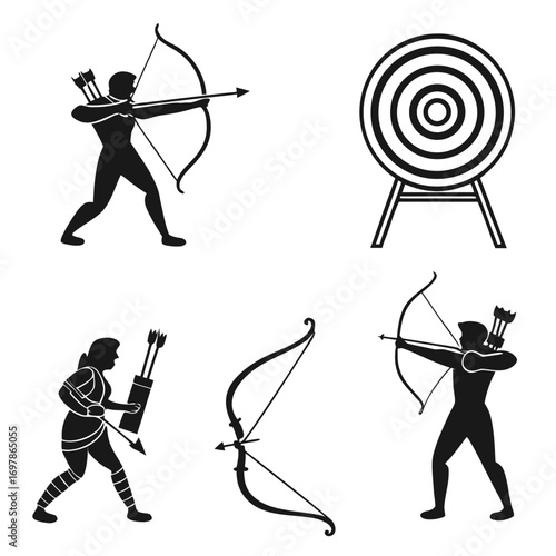 Archery icons set collection of archer with bow and arrow, target, quiver sport equipment and competition vector illustration in flat style