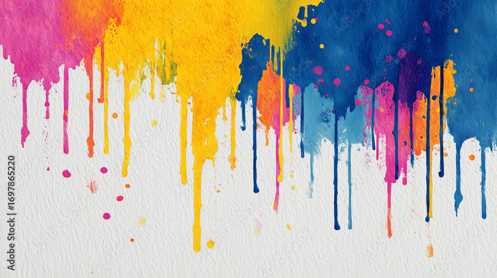 Fototapeta premium Vivid watercolor paint drips in pink yellow and blue on white 