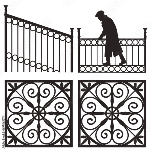 A collection of architectural design elements featuring a silhouette of a man leaning over a railing, alongside ornate fence and gate designs, showcasing intricate ironwork