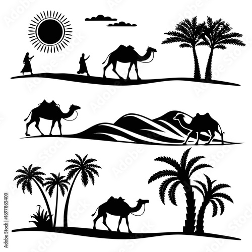 Silhouette of a desert landscape with camels and palm trees, creating a serene and exotic scene perfect for illustrating travel, adventure, and cultural themes