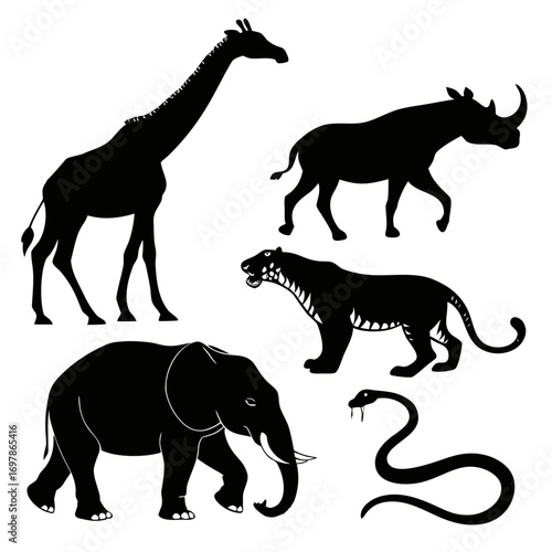 Silhouette of african animals, featuring a giraffe, rhinoceros, tiger, elephant, and snake, creating a captivating wildlife scene in black and white