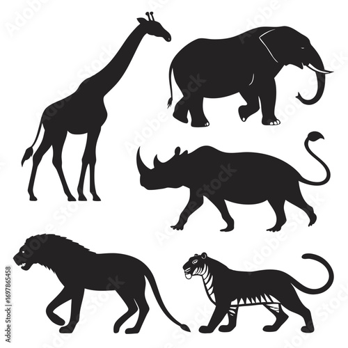 Silhouette illustration of african animals, featuring a giraffe, elephant, rhino, lion, and tiger, creating a captivating wildlife scene