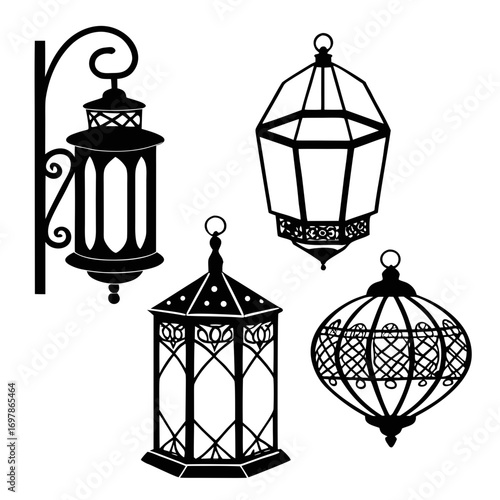 Collection of four vintage lantern silhouettes decorative hanging lamps for garden, patio, porch or interior vector illustration of oldfashioned lights