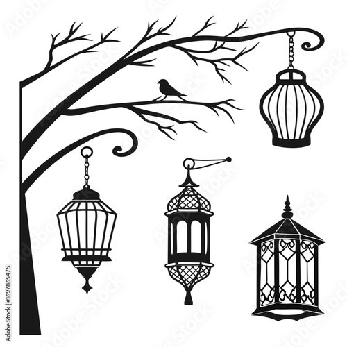 Collection of vintage lantern silhouettes with tree decorative hanging lamps for garden, patio, porch or interior vector illustration of old lights