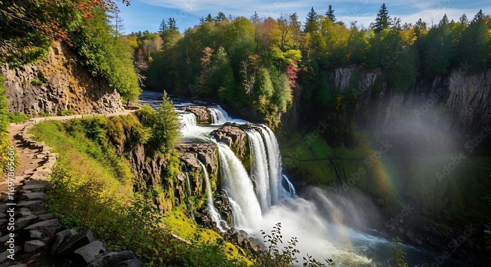 Obraz premium Cascading Waterfall Surrounded by Vibrant Green Forest and Scenic Trails