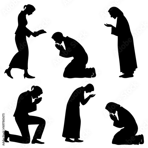 Silhouettes of people in various poses of prayer the figures are depicted in a minimalist style, emphasizing the contours and gestures of reverence