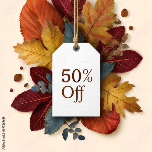 Fototapeta Naklejka Na Ścianę i Meble -  Autumn discount tag decorated with colorful fall leaves in rust gold and burgundy with bold 50 percent off text on a clean white label