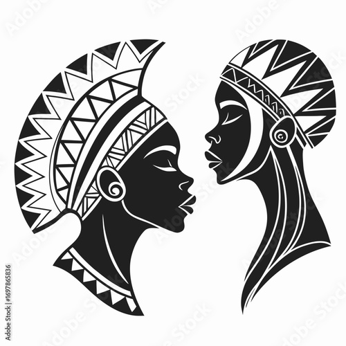 Two african women in traditional headdresses face each other, showcasing the beauty and cultural richness of african heritage the intricate details of the headdresses