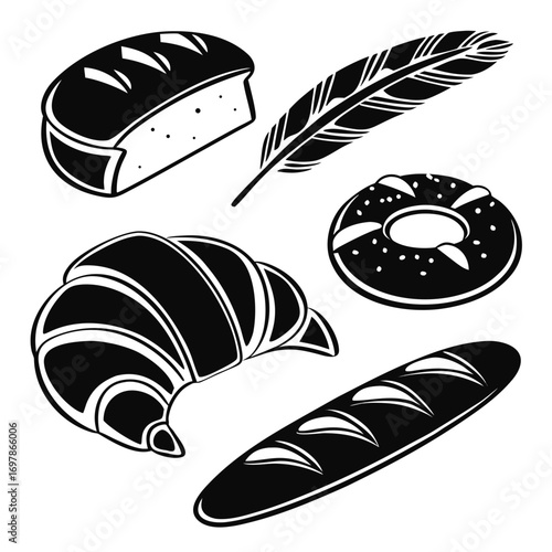 A delightful assortment of bakery items, including a croissant, donut, baguette, and loaf of bread, along with a feather, all in a minimalist style