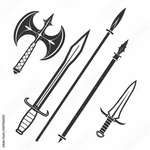 Set of medieval weapon axe, sword, spear, and dagger vector illustration of vintage arms in monochrome style for heraldry or tattoo design